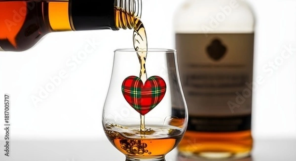 Fototapeta Pouring whiskey into a glass with a tartan heart design