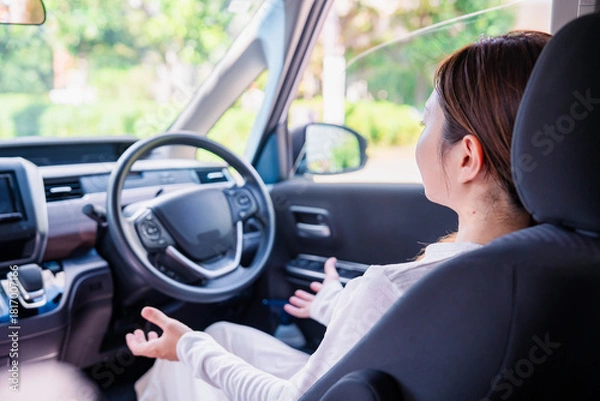 Obraz 自動運転の車で手放し運転をする若い女性