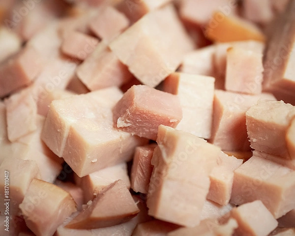 Fototapeta A close-up, high-angle view of a large pile of freshly cubed, pink, savory ham pieces, ready to be used as an ingredient in a cafe kitchen.