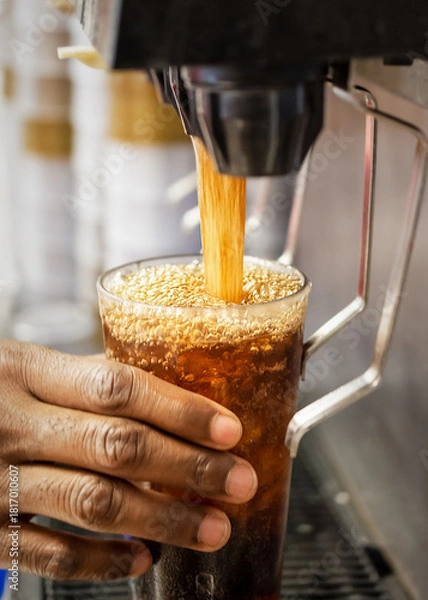Fototapeta A cafe worker's hand holds a glass being filled with bubbling, dark brown soda from a self-service or fountain beverage machine.