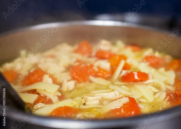 Fototapeta A close-up of hearty, steaming chicken noodle soup, with chunks of chicken and bright carrots, simmering in a pot on a cafe stovetop.