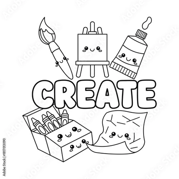 Fototapeta Outline image of cute painting and drawing supplies with the word CREATE