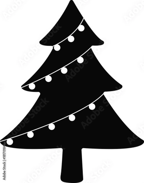 Fototapeta Simple black christmas tree silhouette with string lights