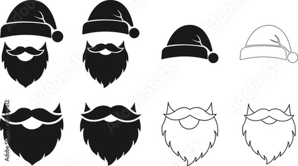 Fototapeta Santa claus hat and beard icon set in black and white
