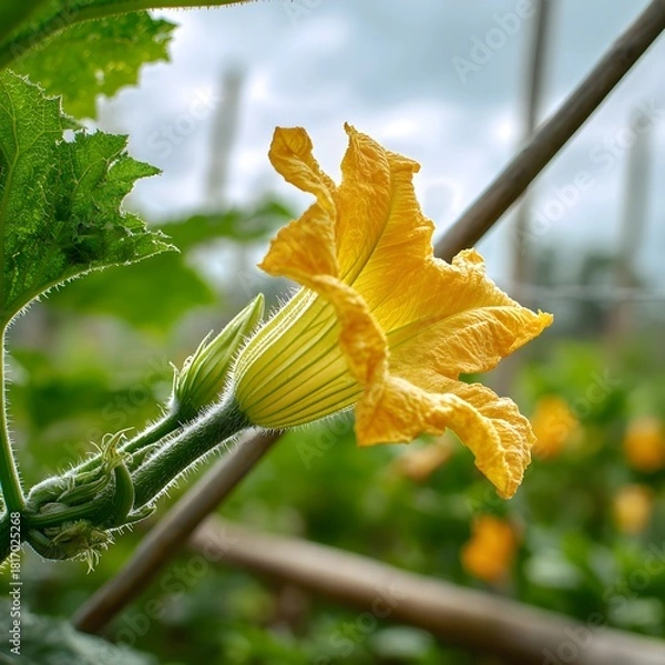 Fototapeta Yellow Squash Blossom Flower on Vine with Green Leaves Sunlight