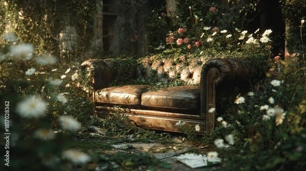 Fototapeta A vintage couch blends into an overgrown environment