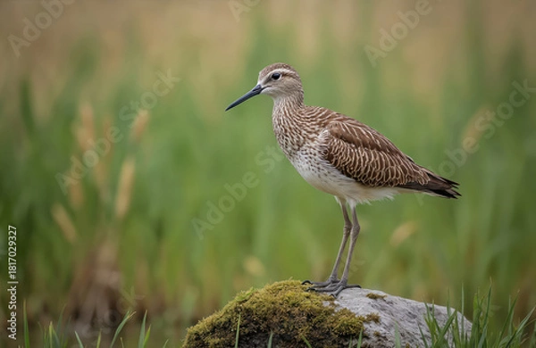 Obraz Eurasian whimbrel stands on mossy stone in green meadow. Wild shorebird brown plumage, long beak. Numenius phaeopus wader perches in natural habitat. Beautiful avian creature seen in summer wetland.