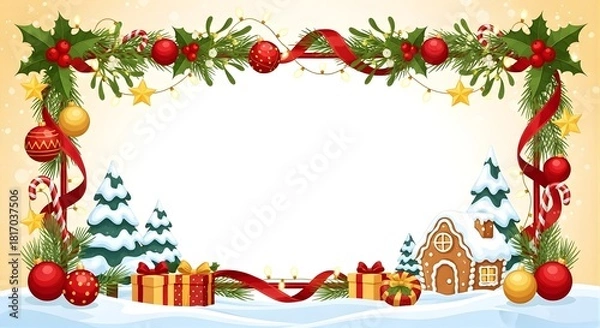 Fototapeta A christmas frame with ornaments, trees, gifts, and a gingerbread house in the snow