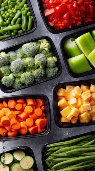 Fototapeta Colorful assortment of fresh chopped vegetables in black containers