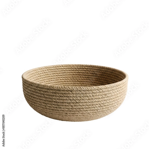Fototapeta Round woven rope basket isolated on transparent PNG background, natural jute fiber storage bowl, rustic home decor container for organizing, boho interior accessory, minimal handcrafted basket clipart