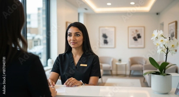 Fototapeta Professional female receptionist working at a front desk in a modern clinic or spa. Young woman in black uniform talking to a client in a medical office waiting room