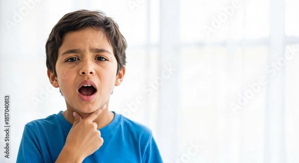 Fototapeta Sick young boy touching his neck with a sore throat. Child in pain having difficulty swallowing or voice problems. Copy space