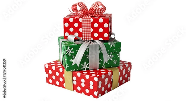 Obraz Transparent background stack of three colorful christmas gift boxes isolated on transparent background