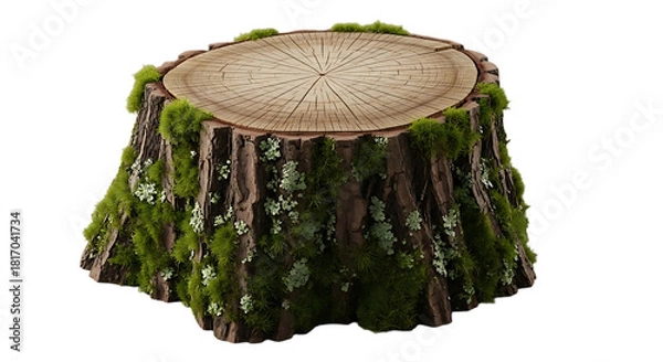 Obraz Transparent background tree stump covered in green moss and lichen, isolated on transparent background