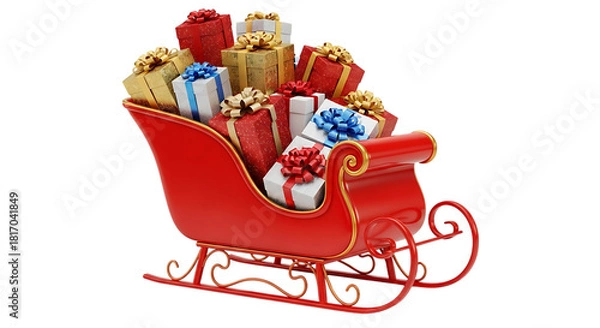 Obraz Transparent background red santas sleigh full of colorful christmas gifts, isolated on transparent background