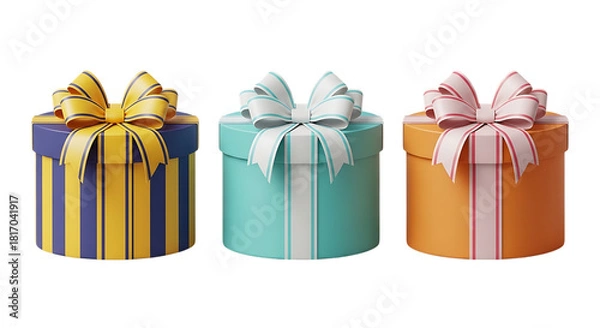 Obraz Transparent background three colorful round gift boxes with bows isolated on transparent background