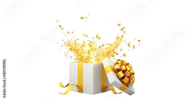 Obraz Transparent background golden confetti exploding from an open gift box, isolated on transparent background
