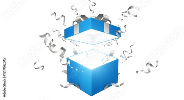 Obraz Transparent background blue gift box opening with light and silver confetti isolated on transparent background