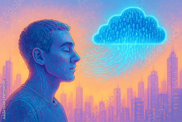 Obraz Human exchanging data from the cloud