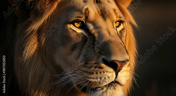 Fototapeta Majestic Lion in Sunlight: An arresting portrait of a powerful lion basking in the golden rays, its piercing eyes revealing a sense of regal authority and untamed wildness.