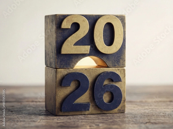 Fototapeta Rustic Wooden Blocks Displaying Year 2026 with Glowing Light