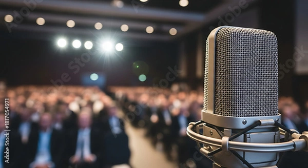 Obraz Microphone in the Spotlight: The microphone takes center stage, ready to amplify every word for a captive audience, in a darkened auditorium.