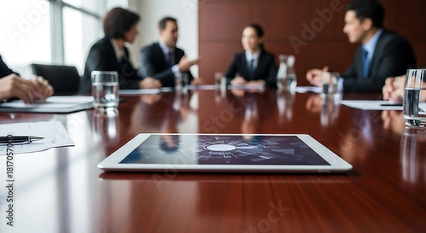 Obraz Boardroom Discourse: A focused business meeting unfolds in a modern boardroom. A tablet rests prominently on the polished table.