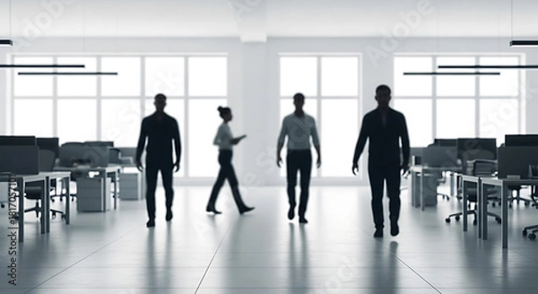 Fototapeta Corporate Silhouette: Silhouetted figures of professionals move through a modern, open-plan office setting, suggesting productivity, teamwork, and the energy of a thriving workplace.