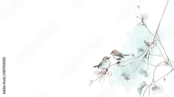Obraz Delicate watercolor illustration of two small birds perched on a branch, surrounded by soft pastel foliage and white space for poetic and artistic expression