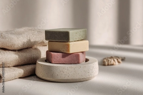 Fototapeta A Tranquil Still Life Featuring Natural Handmade Soap Bars Stacked in a Beautifully Simple Holder, Surrounded by Textured Fabrics and Soft Shadows