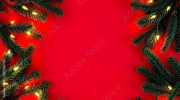 Fototapeta Red Christmas background with decorated Christmas tree and festive ornaments
