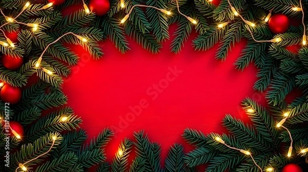 Fototapeta Red Christmas background with balls and fir branches festive holiday decoration