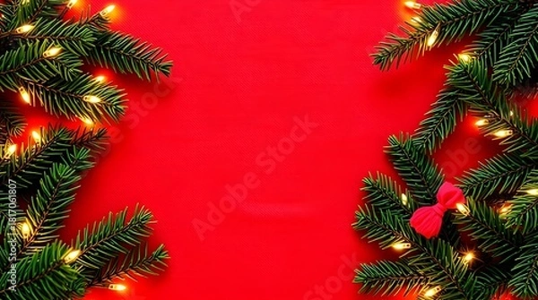 Fototapeta Christmas tree with red ribbon and festive decorations
