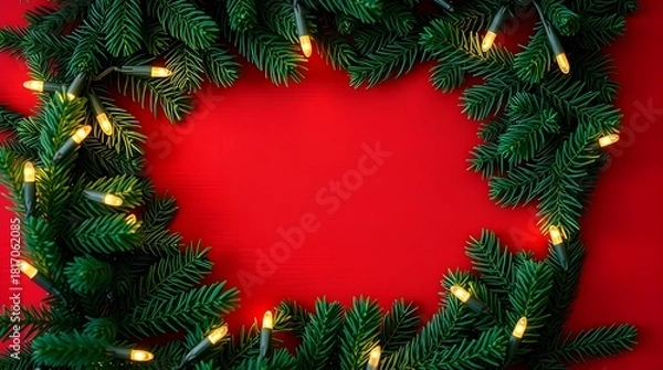 Fototapeta Green fir and pine branches form a winter holiday  Christmas new year card frame border decoration