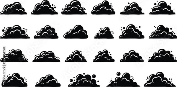 Fototapeta Comic-style dust cloud vector set with black puff silhouettes for motion, impact, explosion, and animated graphic design effects.