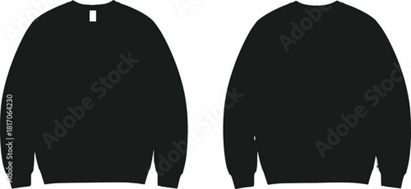 Fototapeta Crewneck sweatshirt front and back silhouette set in black vector style for fashion design, apparel mockup, and branding layout.