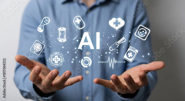 Fototapeta AI's Grip on Health: A visual metaphor where hands cradling medical icons symbolizing the future of medicine, health, and cutting-edge medical technologies