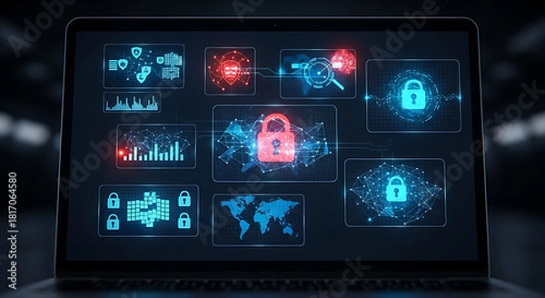Fototapeta Cybersecurity Alert: A laptop screen displays intricate digital security interfaces, showcasing the ever-evolving landscape of digital protection and cyber defense. 
