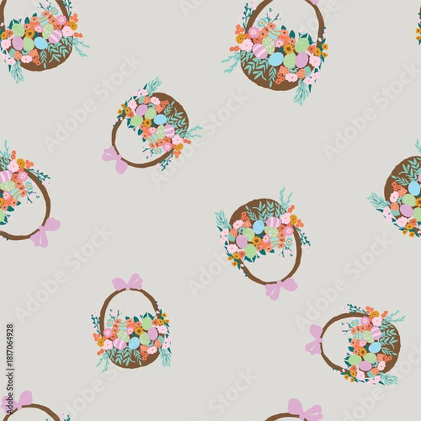 Obraz Easter Vector Patterns Spring Baskets Eggs Floral Wreath Flowers Seamless Designs
