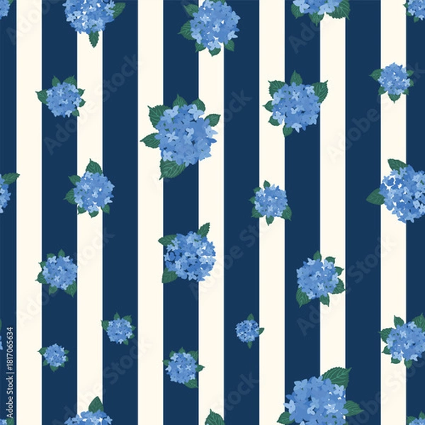 Obraz Coastal Hydrangea Pattern Collection Blue Florals Stripes Gingham Seamless Vector Set