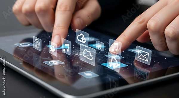 Fototapeta Digital Interaction: A person uses a tablet, engaging with various digital interfaces in a seamless and intuitive manner, representing the future of modern communication.