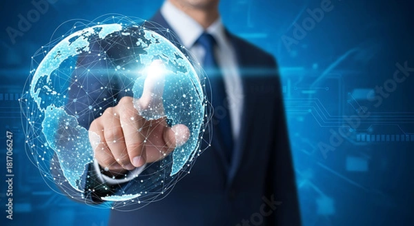 Fototapeta Global Business Connectivity: A corporate individual, in a moment of visionary clarity, engages with a holographic world, symbolizing interconnected business prospects.