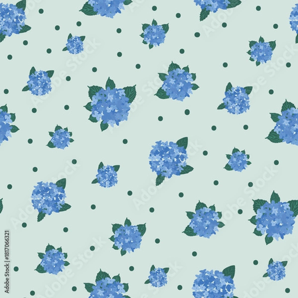 Obraz Coastal Hydrangea Pattern Collection Blue Florals Stripes Gingham Seamless Vector Set