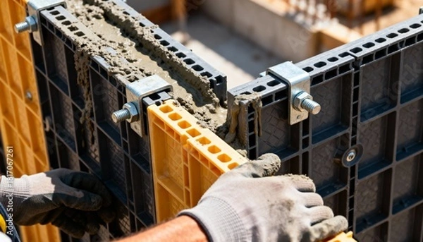 Fototapeta Closeup medium shot showing plastic concrete formwork panels being aligned and secured for shaping fresh concrete.