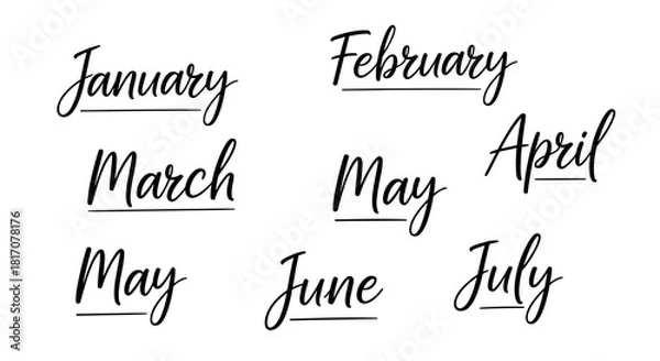 Fototapeta Elegant handwritten script typography displaying various months, perfect for calendar design, planners, or date-related graphic projects.