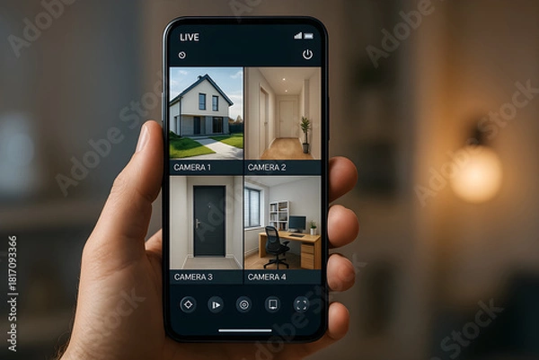 Fototapeta Modern smartphone showing live CCTV surveillance feed