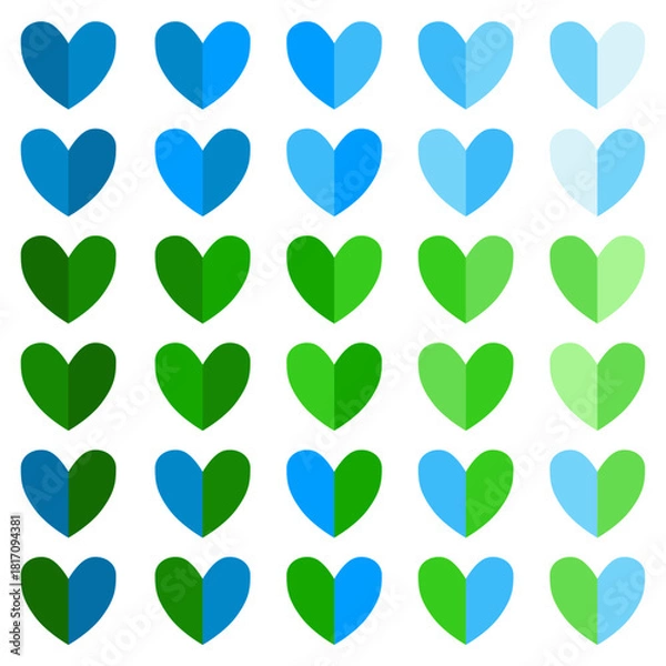 Fototapeta Delightful clipart of dual-tone hearts in a flat style. Perfect trendy elements for Valentine’s Day designs, love graphics, stickers, pins, greeting cards, romantic decorations, and background layouts