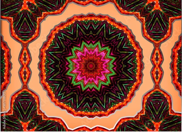 Obraz An intricate mandala design features vibrant colors forming symmetrical patterns. The central starburst shape draws attention with its intense hues.