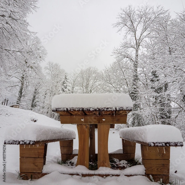 Fototapeta Symmetric view of snow-covered wooden picnic table in winter forest