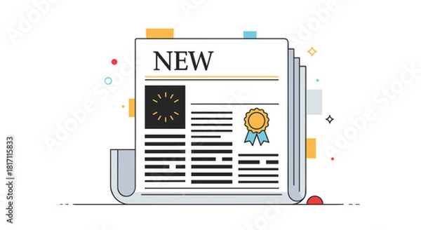 Fototapeta Modern line art illustration of a folded newspaper with the headline NEW featuring a quality seal for breaking news and announcements.